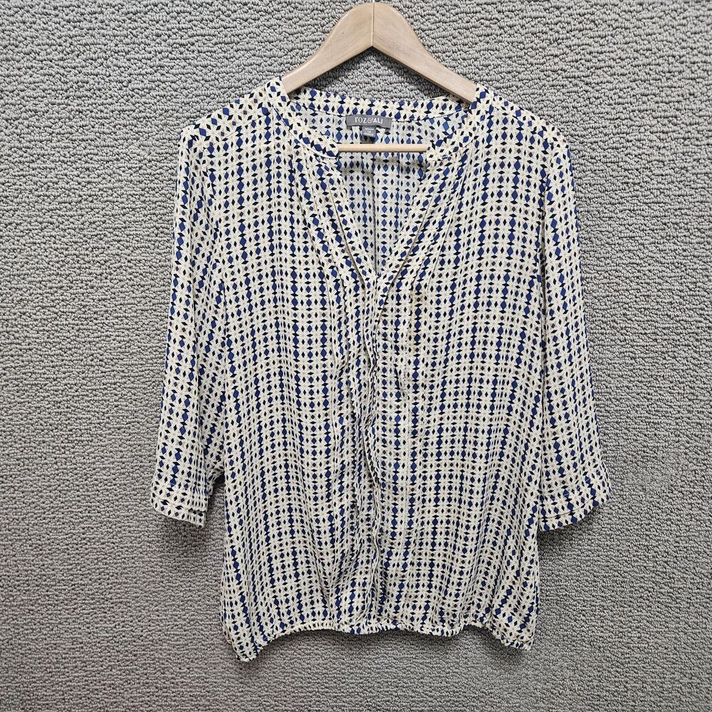 ROZ & ALI Women's Blue Tan Geometric Tie Neck Blouse Top Size 1X